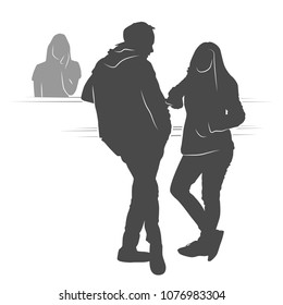 Young couple waiting their turn silhouette. Vector illustration.