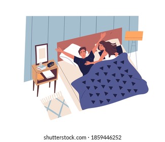 Young couple waking up in modern bedroom in morning. Sleepy guy yawning and stretching in bed. Happy smiling woman embracing man. Daily life of romantic partners. Flat vector illustration