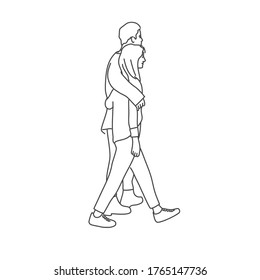 Young couple walk hugging each other. Line drawing vector illustration.