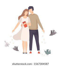 Young Couple Walking Along the Park and Feeding Pigeons with Crumbles Vector Illustration