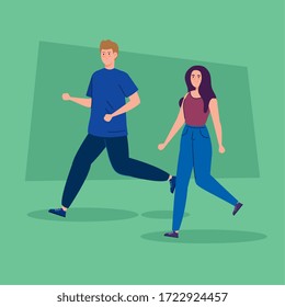 young couple walking avatar character vector illustration design
