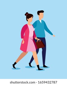 young couple walking avatar characters vector illustration design