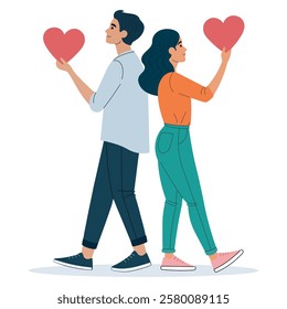 Young couple walking back to back while holding red heart shapes depicting love and connection in a vibrant illustration