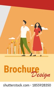 Young couple walking in city. Man and woman holding hands flat vector illustration. Citizens, outdoor activity, dating in city concept for banner, website design or landing web page