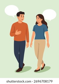 young couple walking with dialog