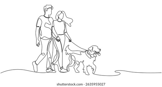 Young couple walking dog continuous one line vector drawing, Couple walking with a dog continuous line vector illustration, Continuous one line vector drawing of couple walks pet dog. Cartoon young.