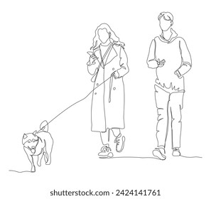 Young couple walking with dog. Using phones on the go. Continuous line drawing. Hand drawn black and white vector illustration in line art style.