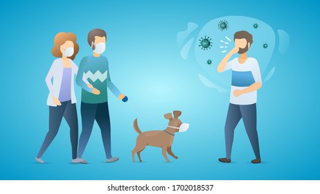 Young couple walking with dog and wearing medical masks to protected from viruses or coronavirus. Infected man and danger situation. Epidemic MERS-CoV virus 2019-nCoV. Vector flat illustration concept