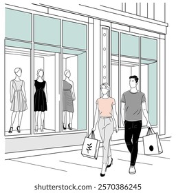 Young couple walking down a street near shopping mall with manekens in displays. man and woman in casual clothes carrying shopping bags. Hand drawn sketch style vector illustration