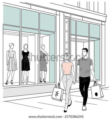 Young couple walking down a street near shopping mall with manekens in displays. man and woman in casual clothes carrying shopping bags. Hand drawn sketch style vector illustration