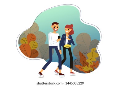 Young couple walking in a forest and chatting. Man is holding smartphone. Isolated on white background. Flat style stock vector illustration.

