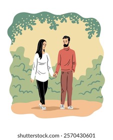 A young couple is walking in the forest or in the park. Man and woman in love. People in nature. Date and romance. Recreation and leisure outdoors. Vector art illustration