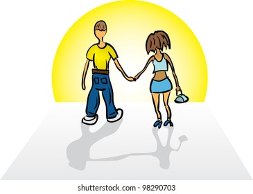 Young couple walking hand in hand in the sun