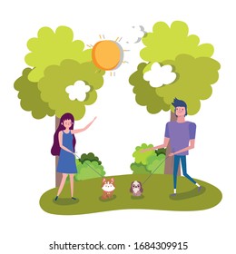 joven pareja caminando con sus mascotas ilustraciones de vector de vida saludable al aire libre