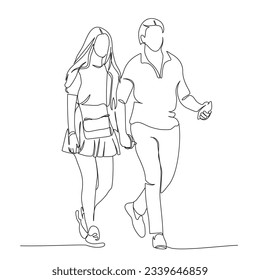 Young couple walking. Hold hands and phones. Wearing summer casual clothing. Continuous line drawing. Black and white vector illustration in line art style.