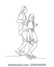 Young couple walking. Holding bottles with drinking water on hot summer day. Side view. Vector illustration in lineart style.