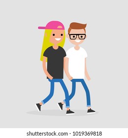 Young couple walking and holding hands. Romantic relationships. Love. Flat editable vector illustration, clip art
