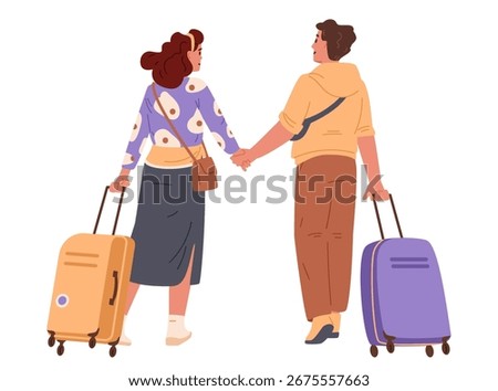 Young couple walking holding hands pulling suitcases view from the back flat vector illustration isolated on white. 