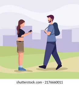 young couple walking in landscape