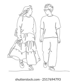 Young couple walking, looking at each other. Woman wear fluffy skirt and man in glasses. Continuous line drawing. Black and white vector illustration in line art style. 