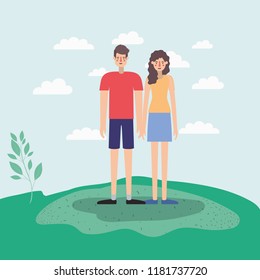 young couple walking on the park airview scene