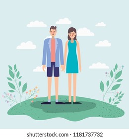 young couple walking on the park airview scene