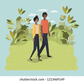 young couple walking on the park character
