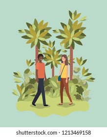young couple walking on the park character