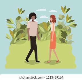 young couple walking on the park character
