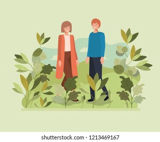 young couple walking on the park character