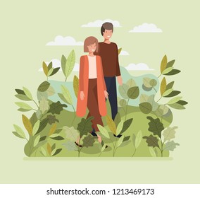 young couple walking on the park character