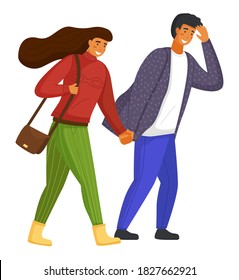 Young couple walking, overcoming strong gusts of wind. Long-haired woman in red sweater and green pants, bag over shoulder. Man in jeans, patterned shirt walks, covering eyes with hands. Wind blowing