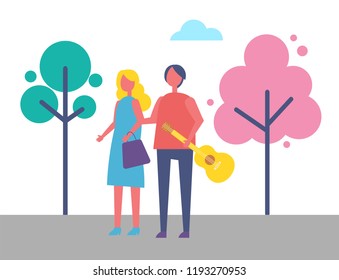 Young couple walking in park cartoon style vector. Man with guitar in arm and woman with bag holding hands, relaxing romantic atmosphere, trees on backdrop