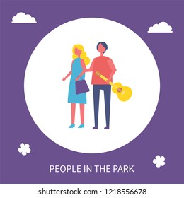 Young couple walking in park cartoon style banner isolated vector in circle. Girl in dress and with bag and guy holding guitar in arm going gripping hands