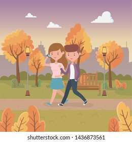 young couple walking in the park characters
