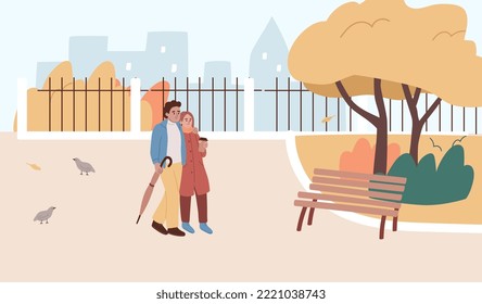 Young couple walking in the park. Woman with coffee to go and man with an umbrella. Woman and man on a date. Strolling together. Flat vector illustration.