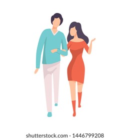 Young Couple Walking and Talking, People Speaking to Each Other Vector Illustration