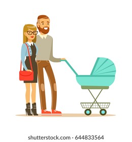 Young couple walking with they newborn baby in turquoise pram colorful characters vector Illustration