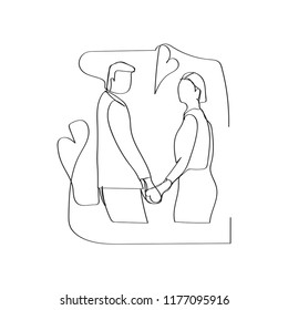 young couple walking together in continuous line drawing style, thin linear vector illustration