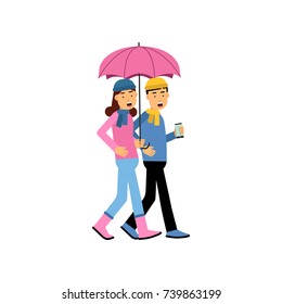 Young couple walking under pink umbrella vector illustration