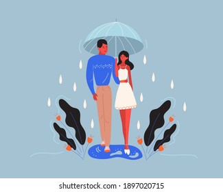 Una pareja joven camina bajo un paraguas mientras llueve. La ilustración decorada con plantas y formas sencillas. Estilo artístico minimalista y ambiente acogedor. Un concepto de ilustración vectorial.