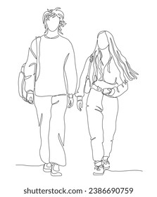 Young couple walking. Woman holding phone, man has backpack. Continuous line drawing. Black and white vector illustration in line art style.