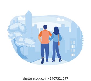 A young couple walks along a city street. People are going along city streets. Urban panorama with pedestrians concept. trend modern flat vector illustration