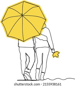 A young couple walks in the autumn park under an umbrella. One line art and yellow color