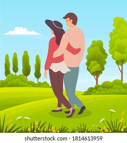 Young couple walks in countryside, green meadow, lush tree crowns, bushes, forest plants, orange small flowers, stems. Summer time. Walks in open air. Flat vector image for website, application