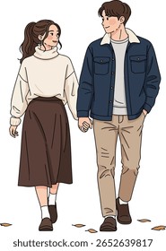 A young couple walks hand-in-hand, smiling at each other.