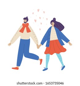 Young couple walks in winter vector illustration