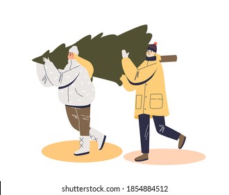Young couple in warm clothes carry fir tree for Christmas eve celebration from pine tree market. Cartoon man and woman buy evergreen Christmas tree for holiday. Flat vector illustration