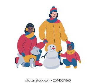 Young couple in warm winter coats with a dog and a child building a snowman. Spending time together as a family. Cozy winter lifestyle scene. Flat isolated vector illustration.