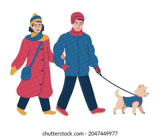 .Young couple in warm winter coats and hats walking a dog on a leash. Cozy winter scene. Flat isolated vector illustration.